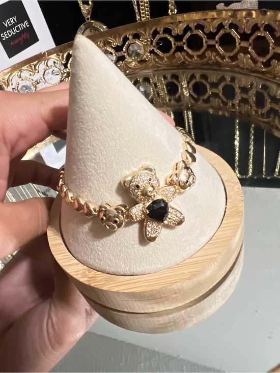 Gold Plated 14k Jewelry - Gold-Tone Teddy Bear Bracelet with Black Heart Accent